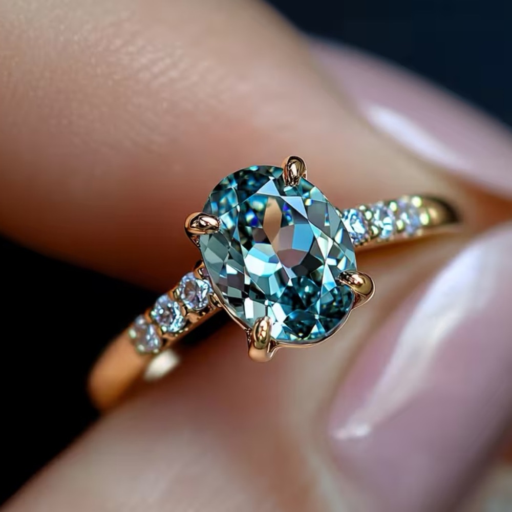 14K Gold and Aqua Blue Moissanite Gemstone Ring - NEW - SIZE 5